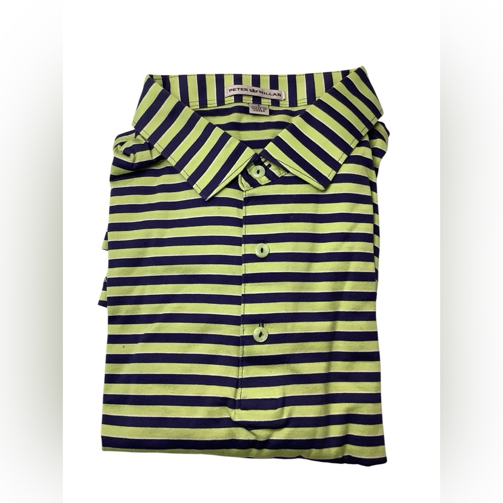 Peter Millar Crown Men's Striped Polo Shirt Golf Green Blue Short Sleeve Size L